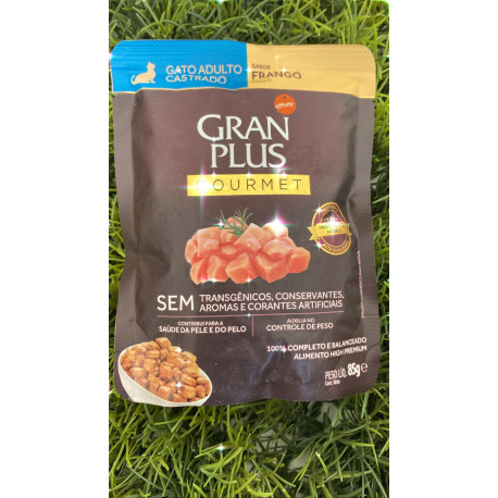 Ração úmida GranPlus sachê gourmet frango para gato adulto castrado.